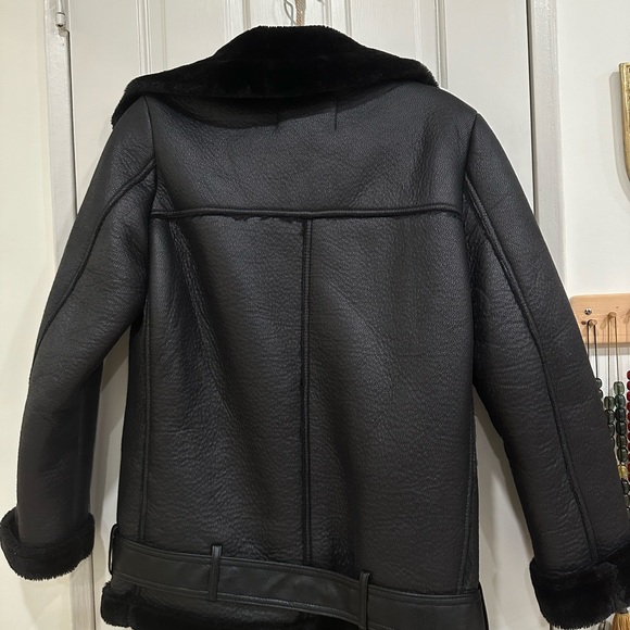 Zara Black Aviator Shearling Faux Bomber Jacket with Fur Trim XS - Picture 2 of 4